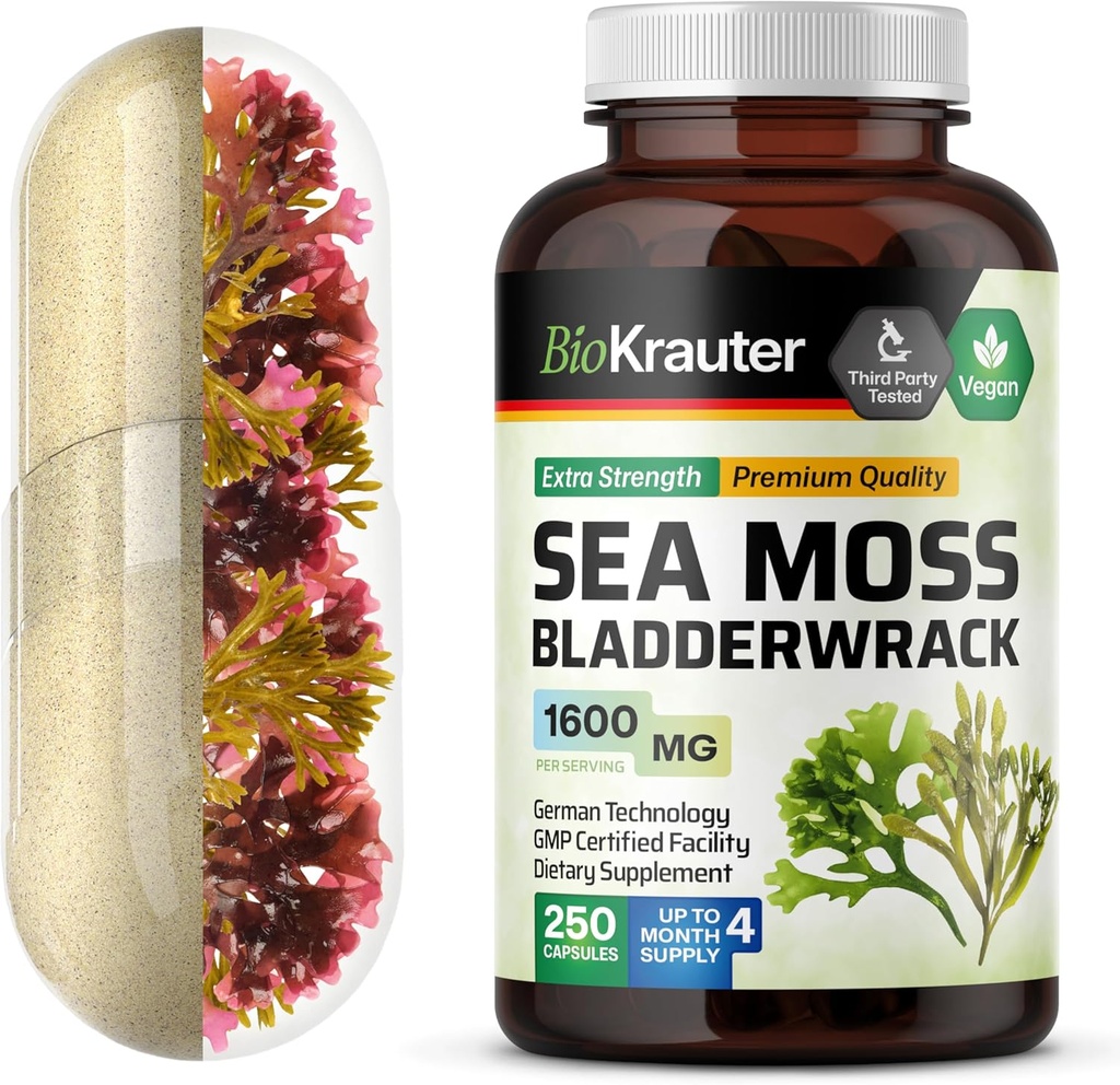 BIO KRAUTER Irish Sea Moss Capsules 1600 mg - 250 Conde - Vegan Bladderwrack con Chondrus Crispus Sea Moss Suplemento
