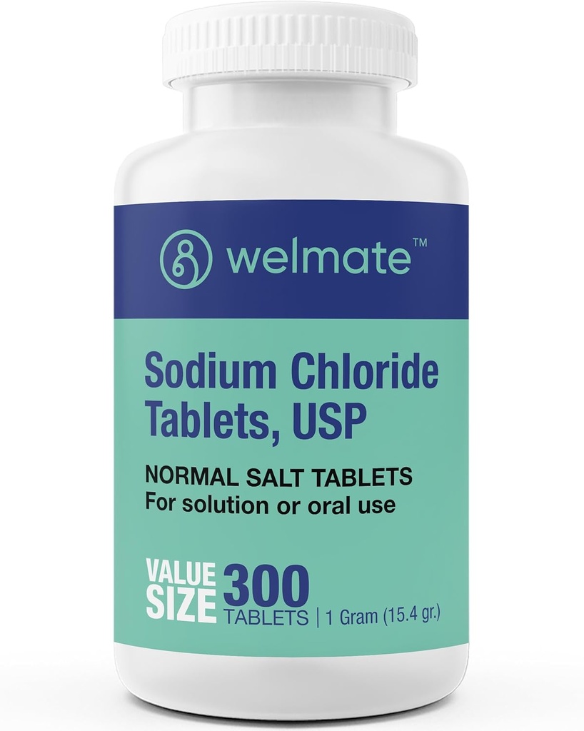 [BRSRAAY7CV7WAD3U] WELMATE - Sodium Chloride (Salt) Tablets - 1000 mg por Tablet - Maintains Hydration & Electrolyte Balance - 300 Cuenta - 15.4 g Total Salt Content - Formulario de Tablet