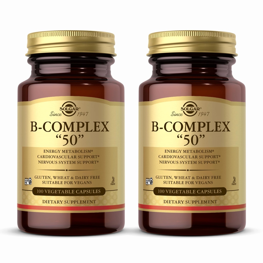 Solgar B-Complex “50” - 100 cápsulas vegetales, Pack of 2 - Energy Metabolism & Nervous System Support - Non-GMO, Vegan, Gluten Free - 200 Total Servings