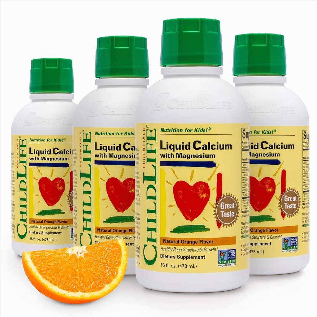 ChildLife Essentials Suplemento de calcio líquido para niños - Calcio bebé con magnesio, zinc y vitamina D3 - sabor a naranja, 16 fl oz (4 Pack)