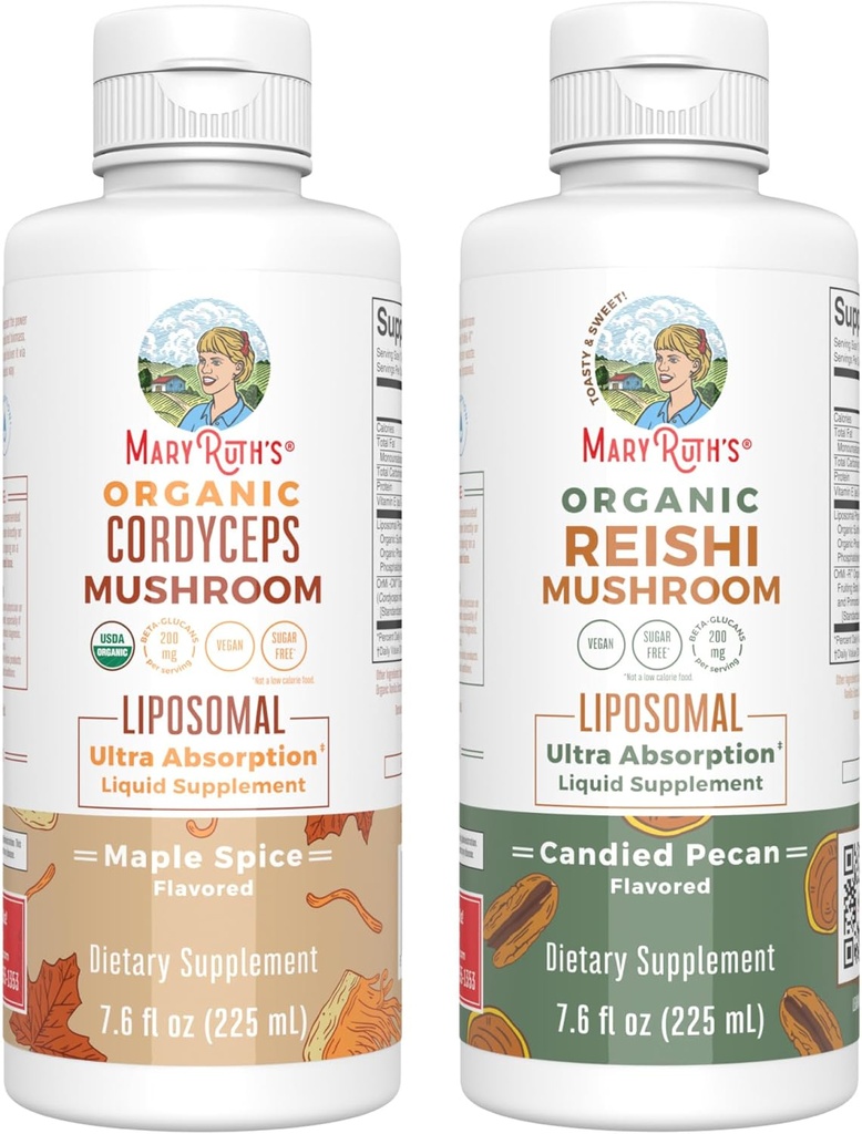 MaryRuth Organics Cordyceps Liposomal (Maple Spice) & Reishi Mushroom (Candied Pecan) ← Clean Label Project Verified® peru Vitamins for Immunity, Skin, " Global Health TEN Vegan, Non-GMO, Gluten-Free