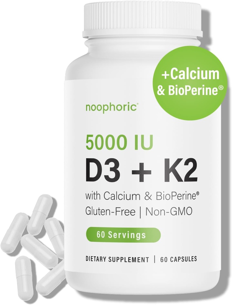 Noofórico D3 K2 Vitamina 5000 UI - Vitamina K2 100 mcg MK7, Calcio, BioPerina - Hueso Salud & Apoyo Inmunitario Suplemento - Gluten-Free, No GMO - Suplemento de vitamina D3 K2 (60 prestaciones)