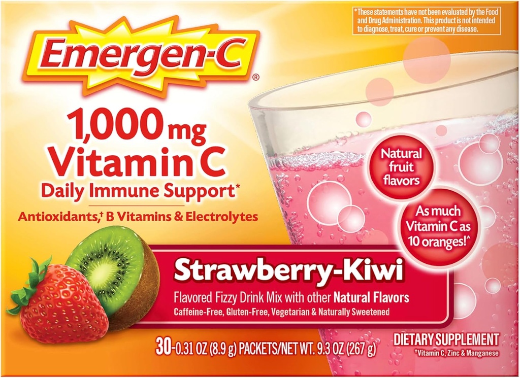 Emergen-C 1000mg Vitamin C Immune Support Powder Strawberry Kiwi 30CT incluye Zinc, Manganese, 7 B Vitaminas y Electrolitos para Volver a Esenciales Escolares