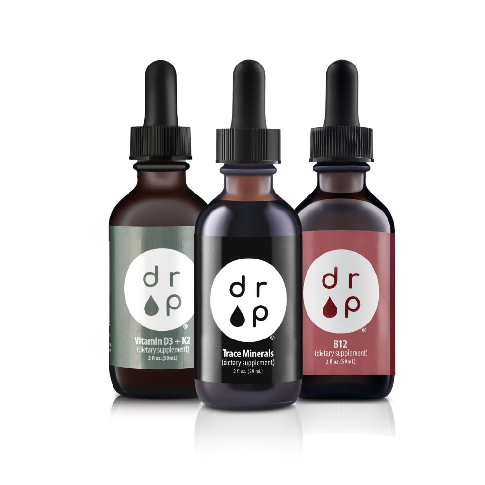 Drop Supplements Organic Trace Minerals Electrolyte Drops, Vitamin D3+K2 Drops and Vitamin B12 Liquid Drops Bundle