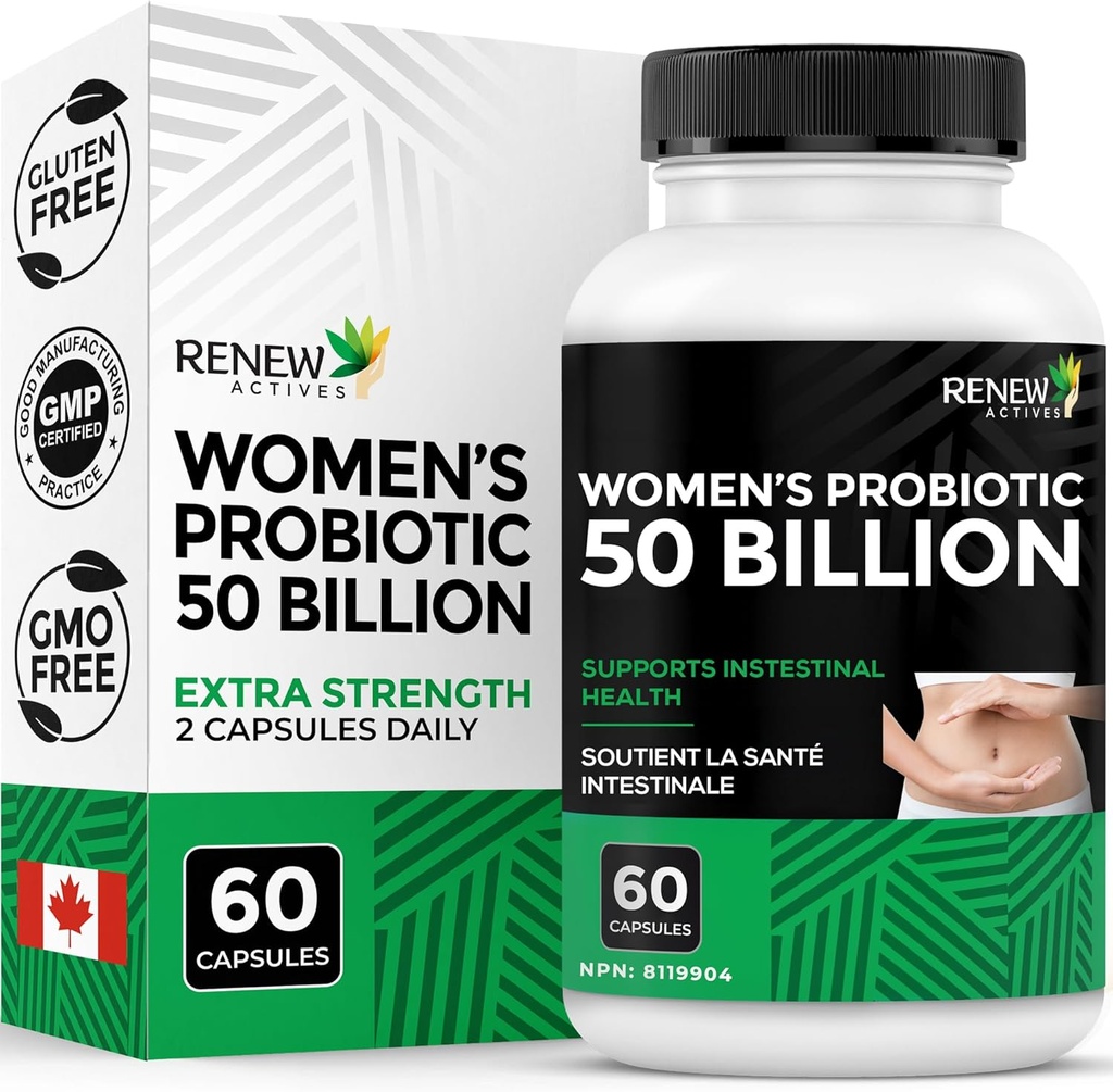 RENEW ACTIVES Probiotics for Women 50 Billion CFU per 2 Capsules – MAKTREK Technology, 4 Probiotic Strains & Prebiotic Blend – Apoya Digestion Health & Gut Flora Balance – Hecho en Canadá– 60 cápsulas