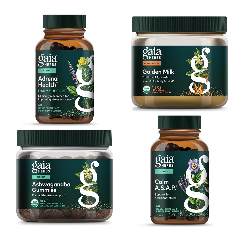 Gaia Herbs Calm Kit - Adrenal Health Daily Support, Calm A.S.A.P., Ashwagandha Gummies, Golden Milk