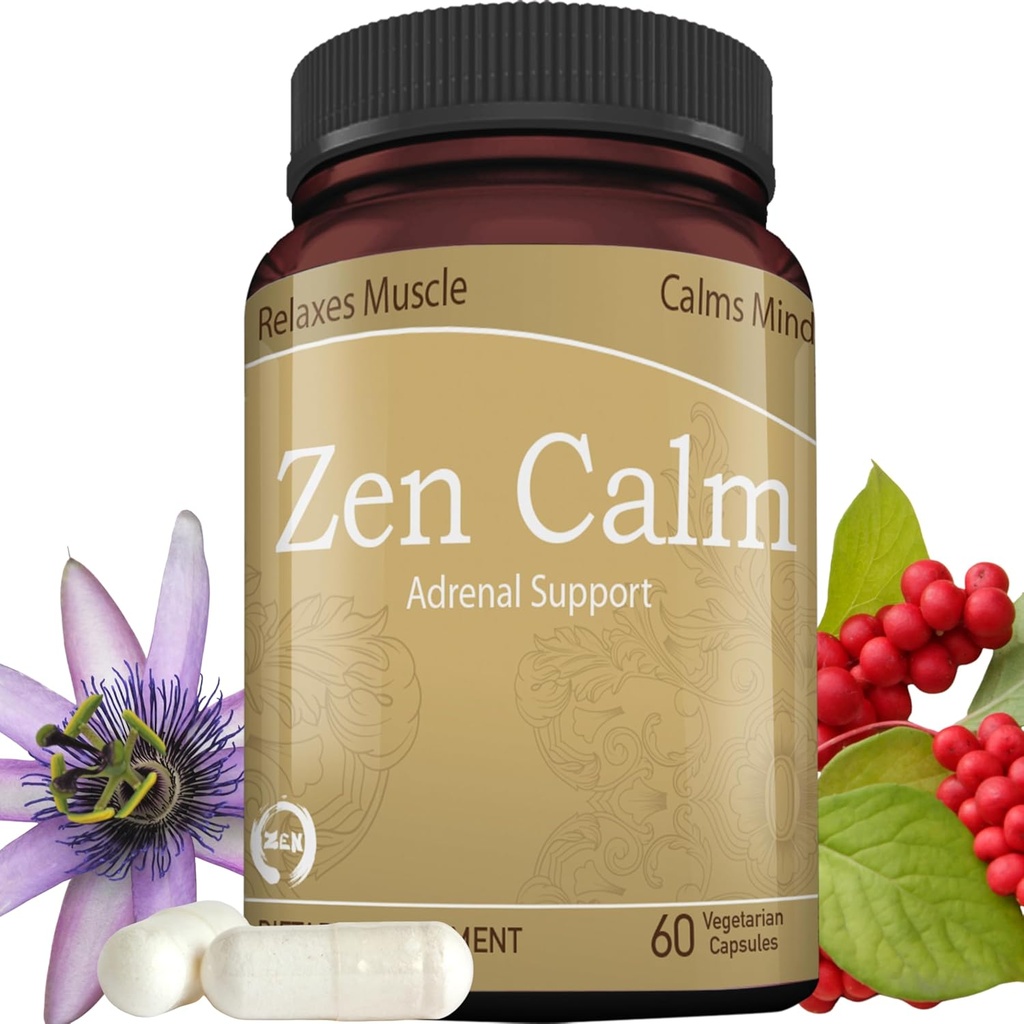 Zen Calm Stress Apoyo Adrenal Suplemento Hierbas Adaptogénicas Ecológicas - Magnesio, B Vitaminas, GABA & Más para apoyar una calma natural. Non-Drowsy. Non-GMO (60 Veggie Caps)