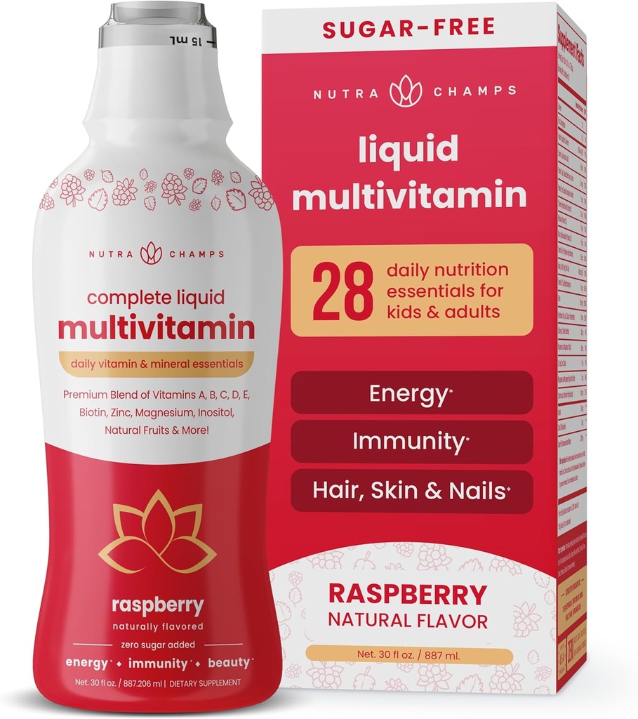 NutraChamps Complete Liquid Multivitamins ← No Añadido Azúcar ← Vitaminas para Mujeres, Hombres & Niños ← Vitamina Líquida Vegan Suplemento Multimineral