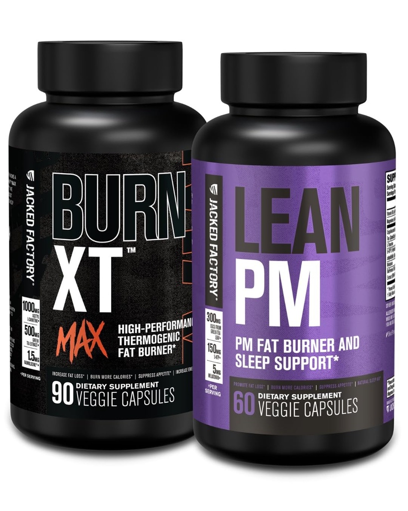Jacked Factory 24/7 Fat Burner Stack - Burn XT MAX High Performance Fat Burner (90 Capsules) - Lean PM Nighttime Sleep Support for Weight Loss and Appetite Suppression (60 Capsules)