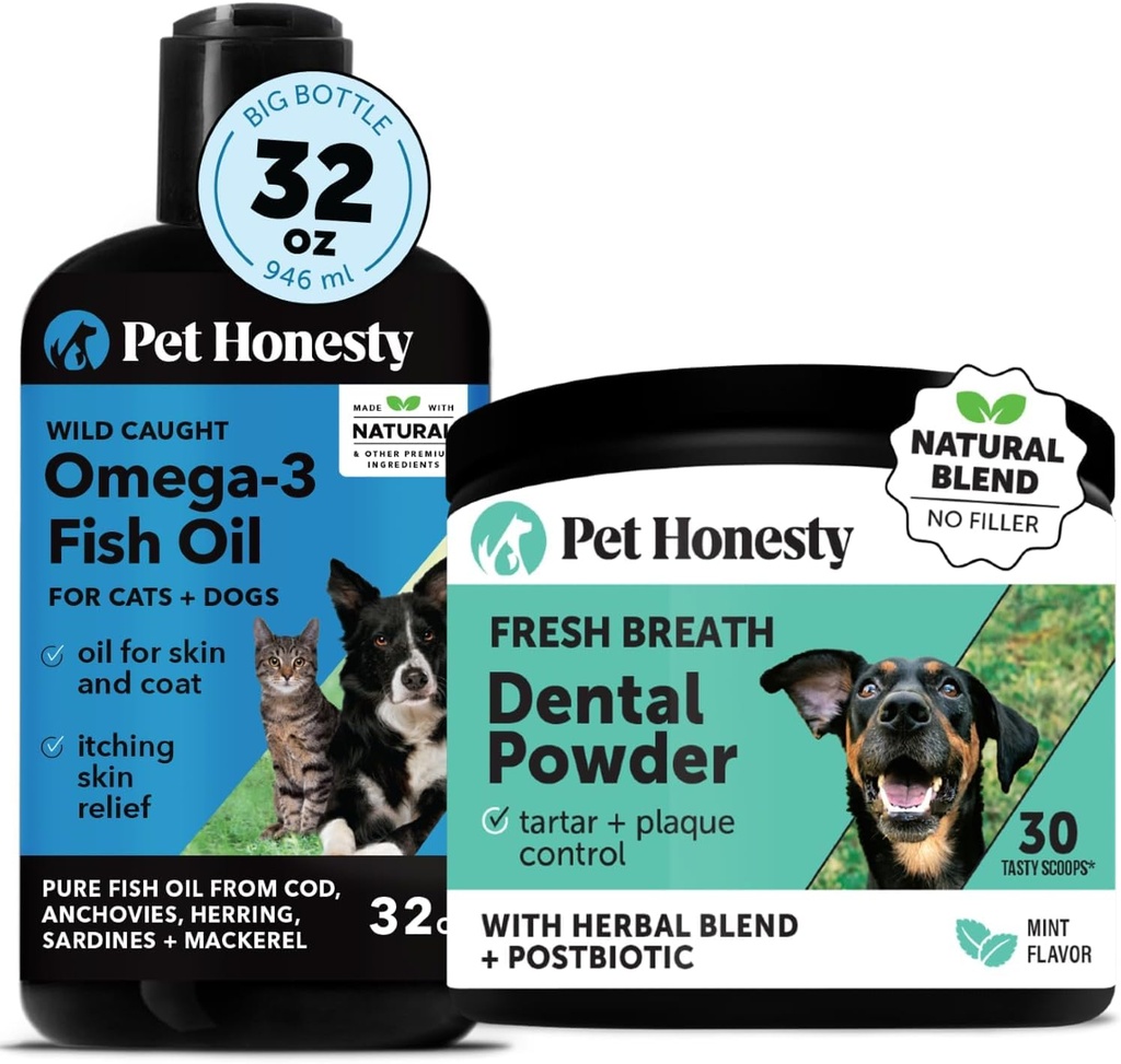 [BRSRAAYRBAGRYCD2] Petróleo de pescado Omega-3 para perros + Polvo dental para la limpieza de dientes " eliminación de placas, promueve la piel sana, la carne "