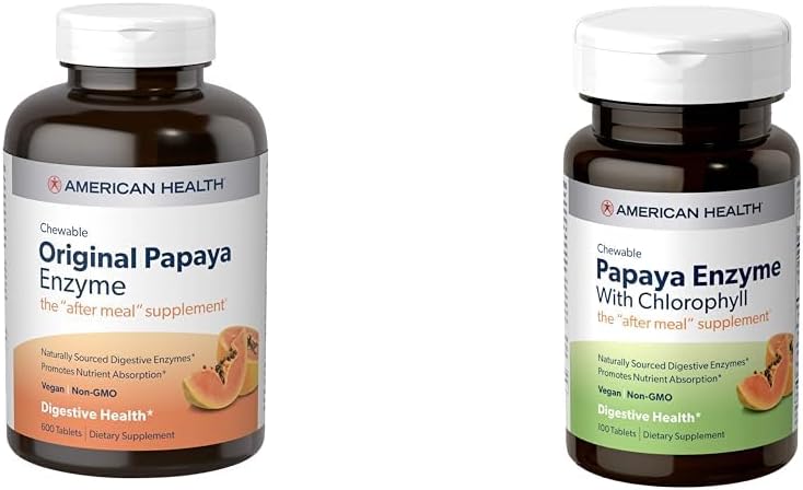American Health Papaya Digestive Enzyme Chewable Tablets Bundle - Original 600 Cuenta y con Chlorophyll 100 Cuenta