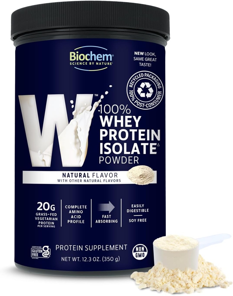 Biochem 100% Whey Isolate Protein - Natural Flavor - 12.3 Ounce, Preworkout & Immune Health - 20g Vegetarian Protein - Fácilmente Digestible - Refreshing Taste - Keto Friendly & Easy to Mix...