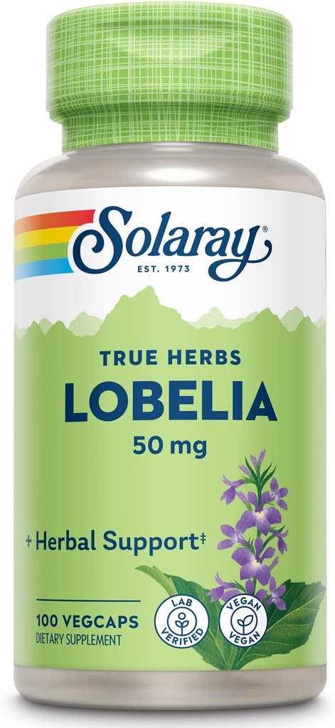 SOLARAY Lobelia Aerial 50mg ← Respiratorio saludable y la función bronquial Soporte Silencioso Ginger Root para Añadido soporte pulmonar ← No GMO & Vegan TEN 100 VegCaps