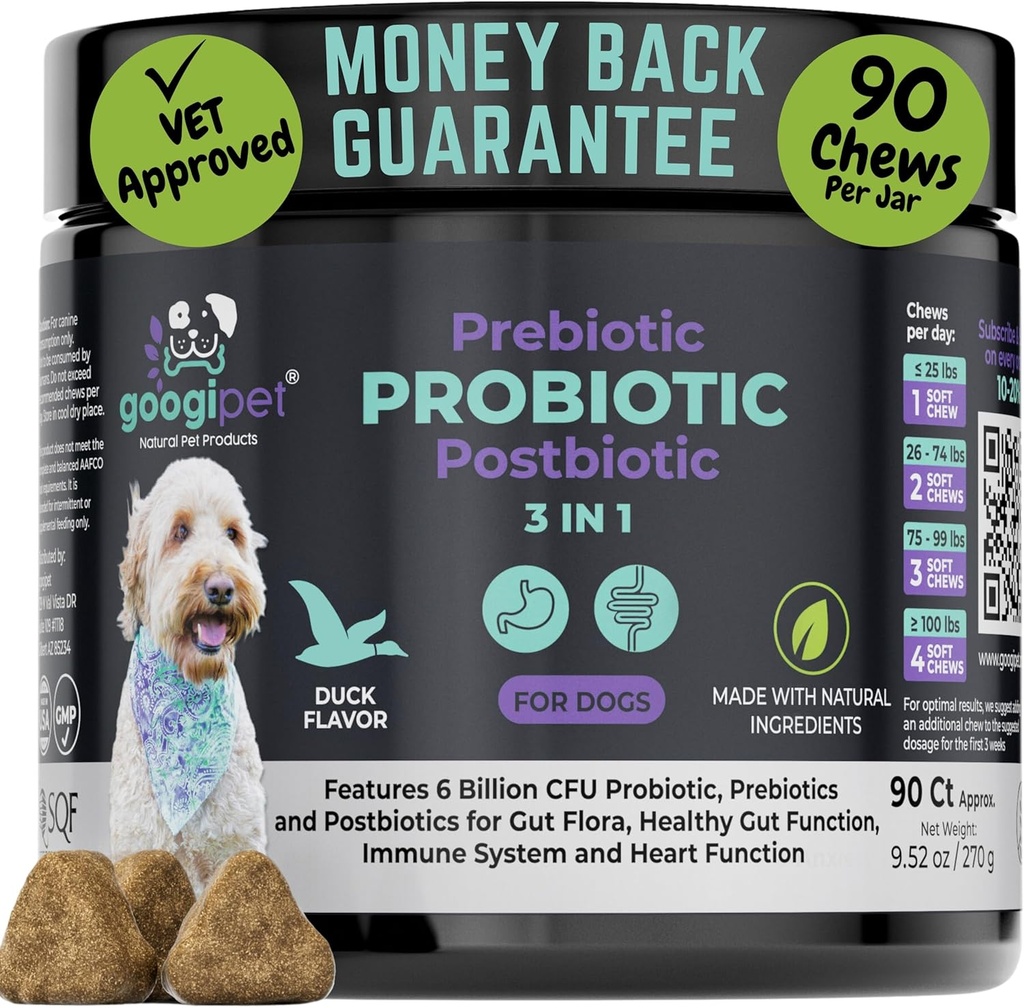 Probióticos de googipet para perros Salud Digestiva - Prebióticos y Probióticos Mandíbulas para perros Gut Salud + Enzimas Digestivas - Probióticos de perros para la levadura picazón de piel Orejas w / Papaya, calabaza, " Fibra