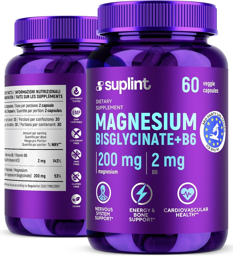 Magnesio Bisglycinate 200 mg con vitamina B6 – Suplemento de magnesio de alta absorción para el sueño, metabolismo, sistema nervioso – Tablas diarias para hombres y mujeres