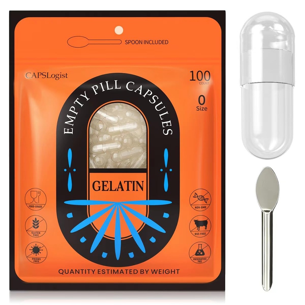 Pill Capsules Empty Tamaño 0, 100 Conde Gelatin Capsule con Micro Lab Spoon, DIY Pill Capsule Filling, Gluten Free y No GMO certificado, Clear