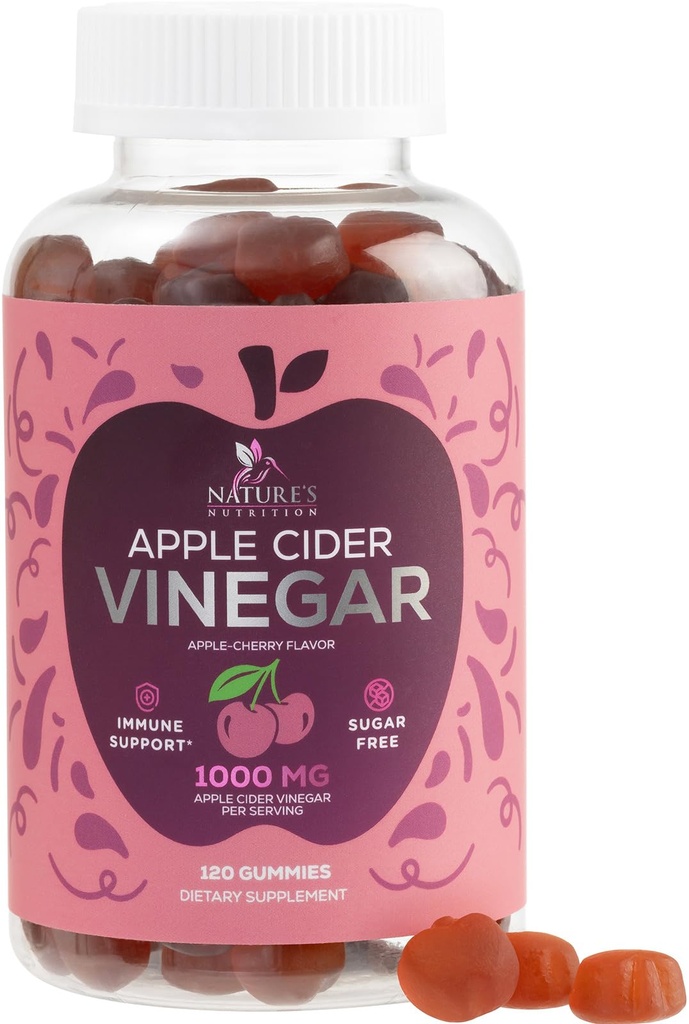 Vegan Manzana Vinagre Gummy 1000mg - Azúcar libre ACV Gummies Vitaminas Suplemento con Vitamina B12 para Energía - Keto Friendly Digestion, Detox, Cleanse Support - Gelatin-Free, Non-GMO - 120 Gummies