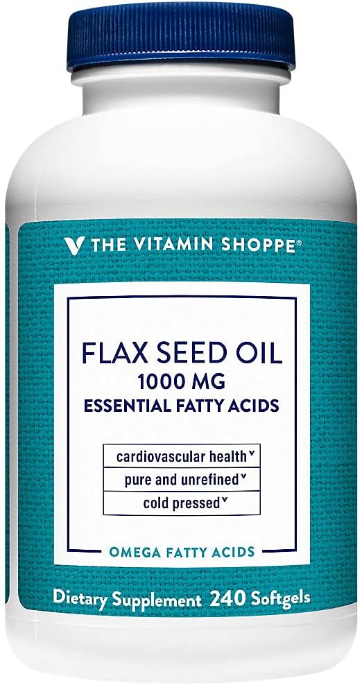 El aceite de semilla de flujo orgánico certificado de vitamina Shoppe 1000MG, ácido graso esencial que soporta la salud cardiovascular, sin refinar " libre de pesticidas, aceite de semilla de Flax prensado frío (240 Softgels)