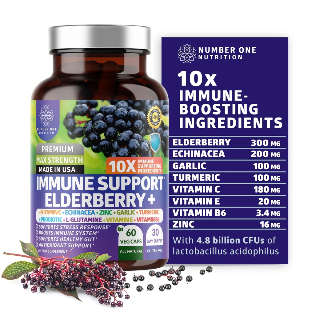 Premium 10 en 1 Suplemento de Apoyo Ingredientes de Potente [10 Ingredientes de Potente] con Elderberry, Vitamina C, Echinacea, Zinc y Probiótico para Apoyo Inmunitario, Salud Gut y Mejor Digestión, 60 Caps de Veg