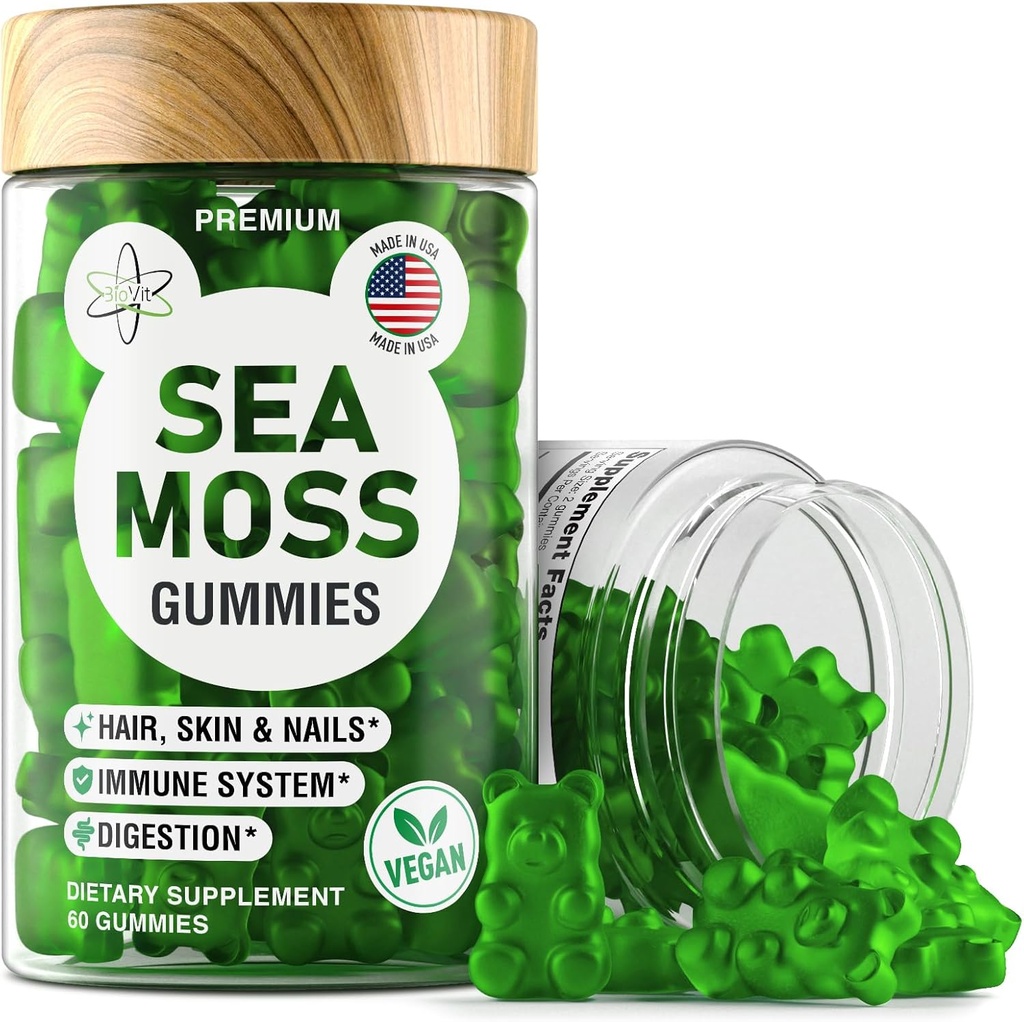 Sea Moss Gummies - Wildcrafted Irish Sea Moss for Adults & Kids - Seamoss Gel with Bladderwrack & Burdock Root Extract - 60 Vegan Gummies