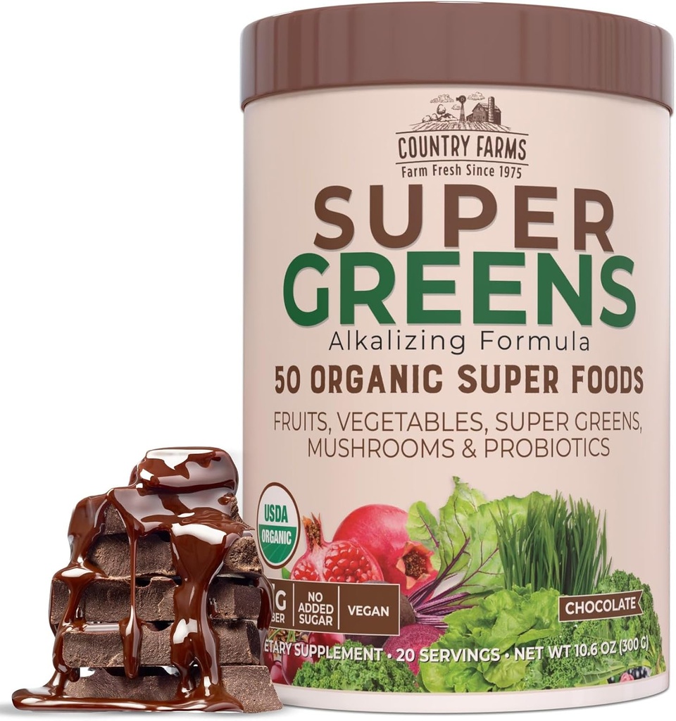 COUNTRY FARMS Ecológico Super Greens Chocolate Flavor, 50 Ecológico Super Foods, USDA Organic Drink Mix, Empaquetado con fibra, frutas, verduras, hongos y probióticos, soporta Energía, 7g Fibra