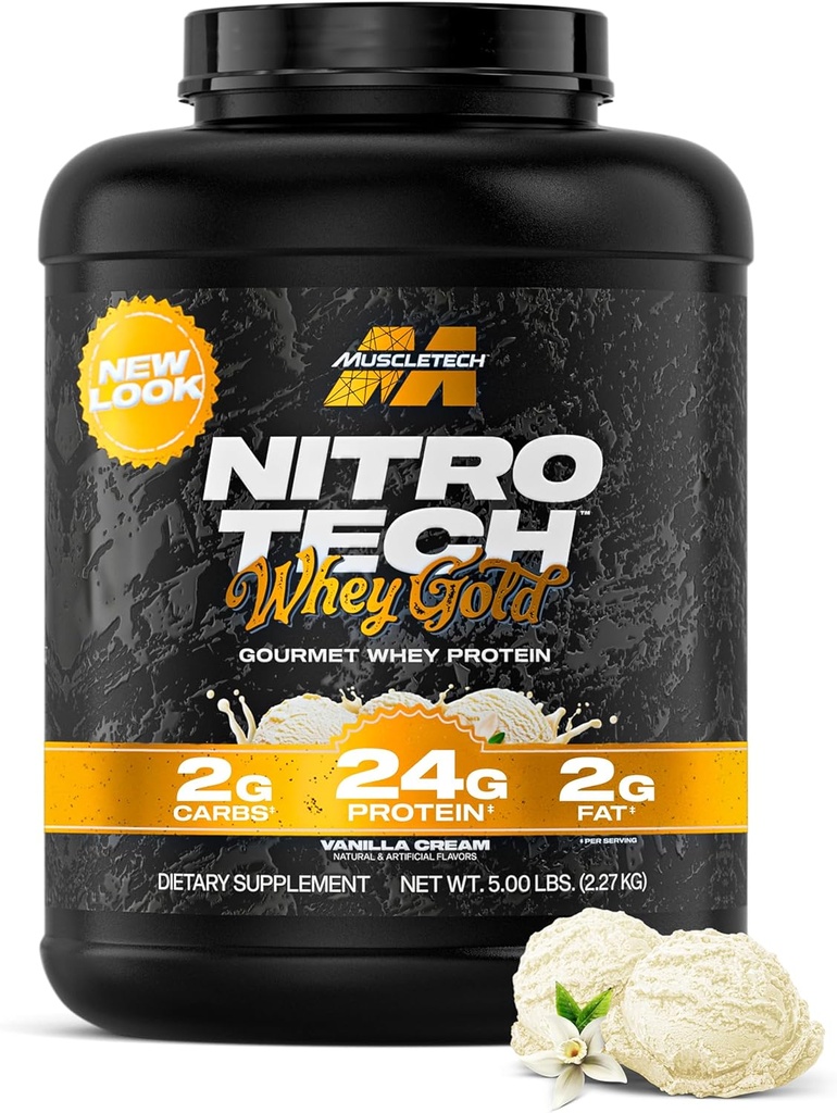 Muscletech Whey Protein Powder (French Vanilla Cream, 5LB) - Nitro-Tech Whey Protein Isolate Smoothie Mix for Lean Muscle & Recuperación - 24g de Whey Gold Protein for Women & Men - Paquete Mayo Vary