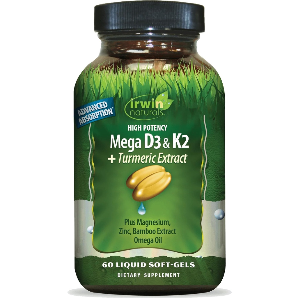 Irwin Naturals High Potency Mega D3 & K2 + Extracto Turmérico — 60 Líquidos Soft-Gels