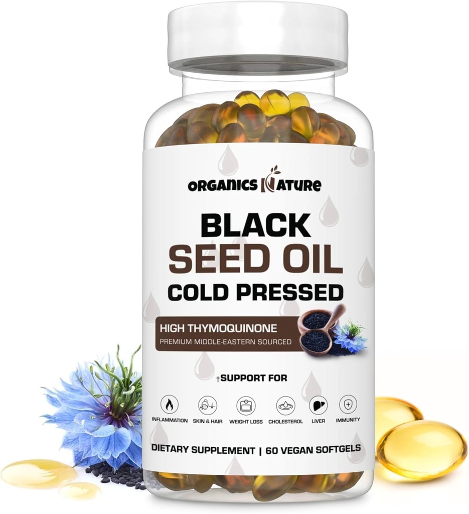 ORGANIZACIONES NATURALES Black Seed Oil Capsules 1000MG Por Serving Vegan Softgels, Hair, Skin, & Heart Support, Nigella Sativa - 100% Cold Presionado Cumin Seed Oil Capsules High Thymoquinone, Omega 3s