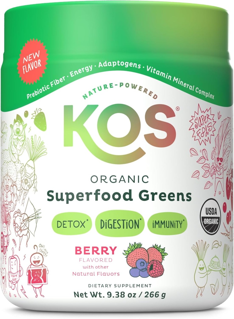 KOS Ecológico Superfood Greens Powder - Gut Health from Prebiotic Fiber, Supergreens and Adaptogens - USDA Certified Organic, Made in a GMP Certified Facility - 28 Servings Berry