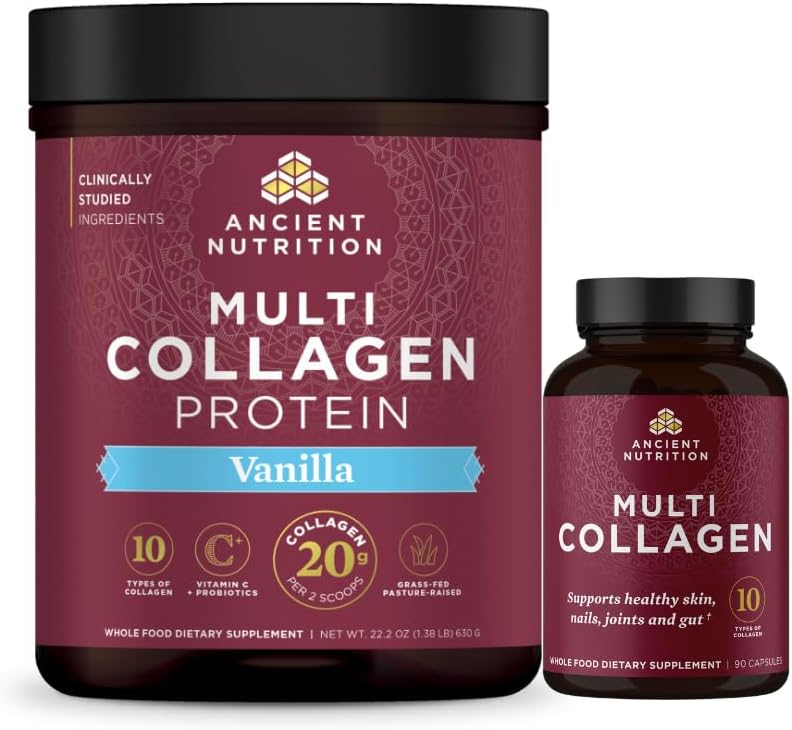 Antigua Nutrición Multi Capsules Collagen, 90 Cuenta + Multi Collagen Protein Powder, Vainilla, 60 Servimientos