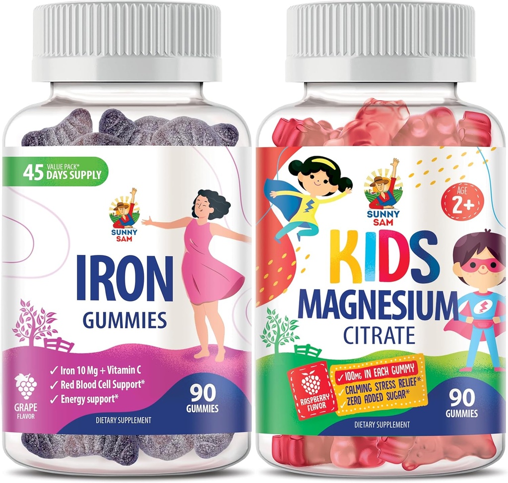 SUNNY SAM Magnesium Gummies for Kids & Iron Gummies for Adults - Vitaminas de hierro con vitamina C