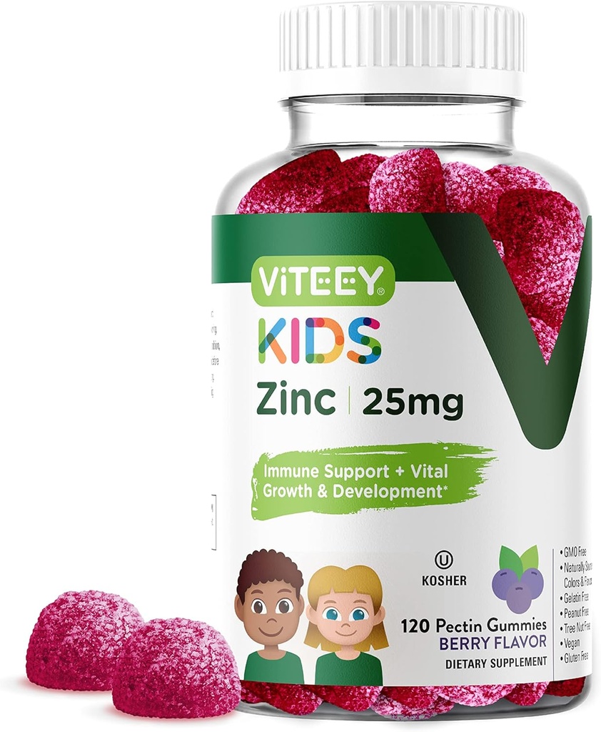Viteey Zinc for Kids Gummies, 25 mg - Immune Support for Kids & Teens - Potente Antioxidante natural, Niños Zinc Vitamin Suplemento - Vegan, Gelatin Gratis, Gluten Gratis - Tasty Chewable Berry Flavor Gummy