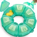 Organizador semanal redondo, TPU Rubberized, Contenedor de pilas de viaje 7 Día, con 7 grandes compartimientos, Grande para suplementos diarios de vitaminas, Cute caja de píldoras con grandes letras y braille (Green)