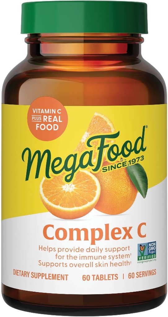Complejo MegaFood C - Suplemento Vegan Immune Support con Vitamin C 250 mg, Hecho con Alimentos Reales Incluyendo Naranja, Arándano & Arroz Marrón, Sin gluten, Kosher - 60 Tabletas, 60 Servimientos