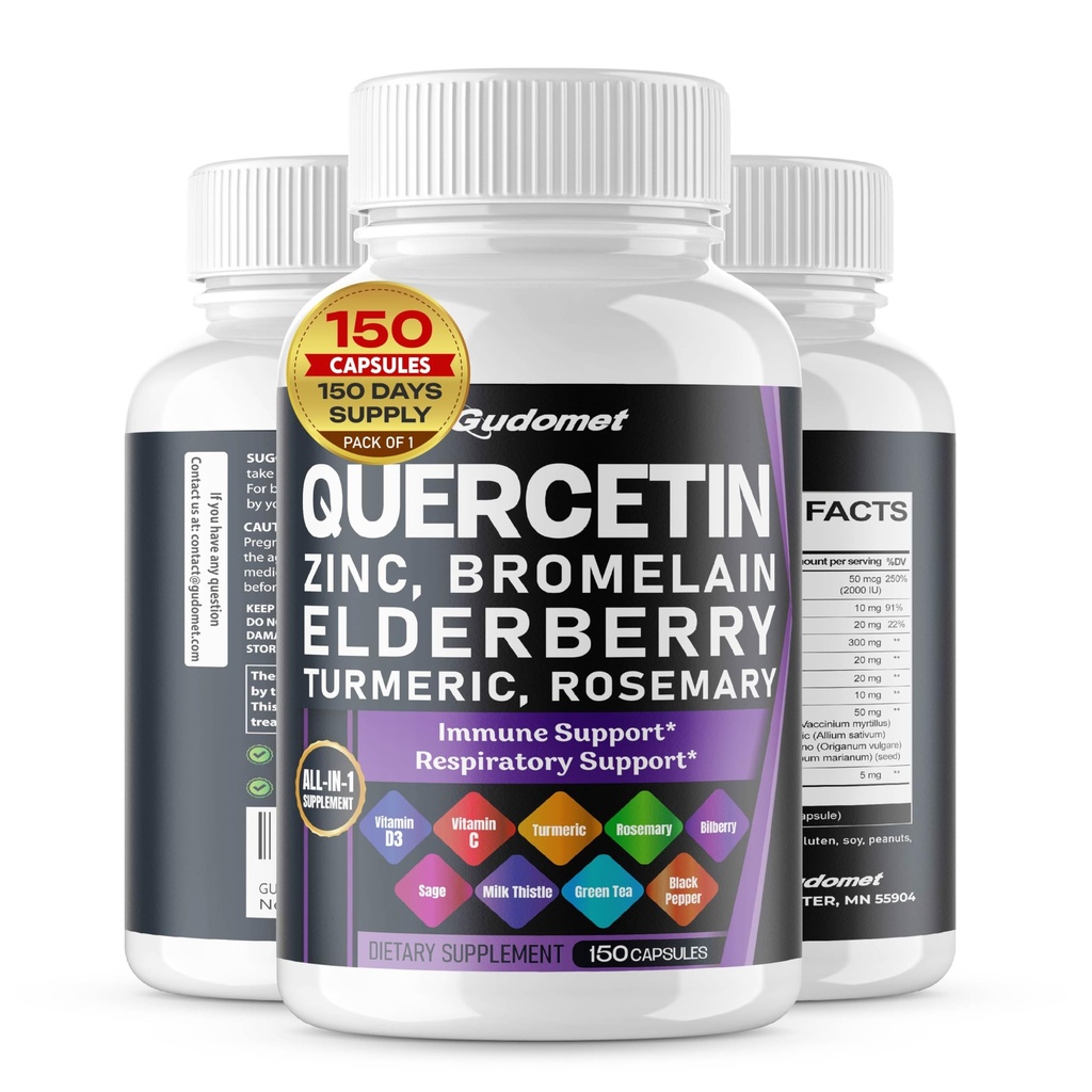 Quercetina Bromelaina Zinc Vitamina D3 Elderberry Turmeric Rosemary Bilberry Sage Ajo sin olor Ajo Verde Tea Milk Thistle Oregano -150 Capsules- Hecho en EE.UU.