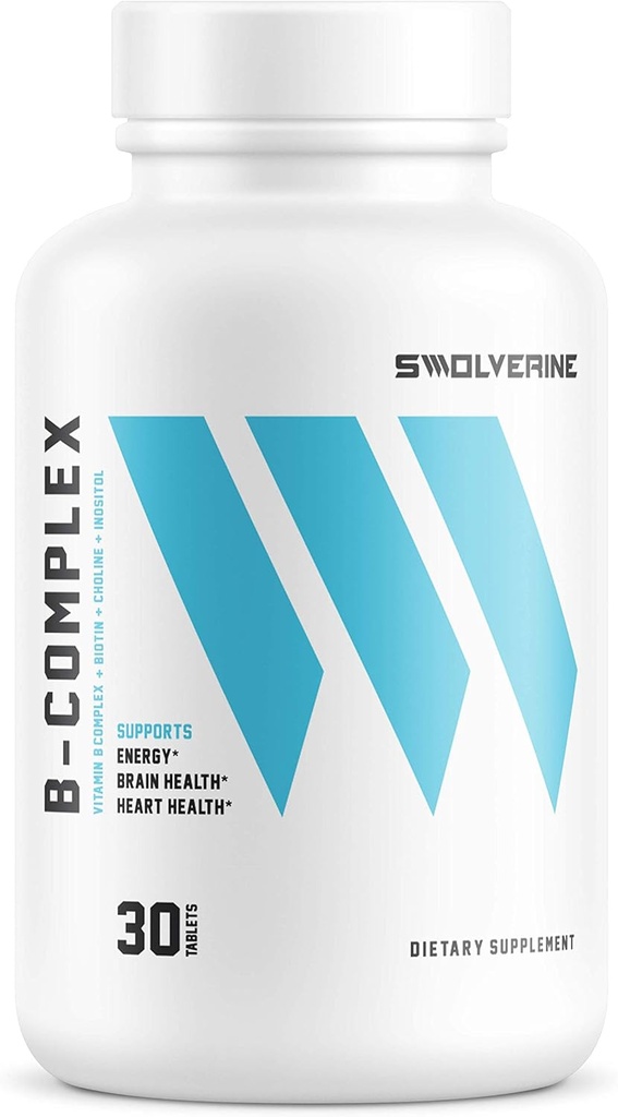 Complejo Swolverine B-Vitamin ← B-Complex Incluye B12, B1, B2, B3, B6, B7, B9, Ácido Fólico, Choline, Inositol y Biotin, Sistema de Estrés, Energía e Inmunes Saludables - (30 Servimientos)