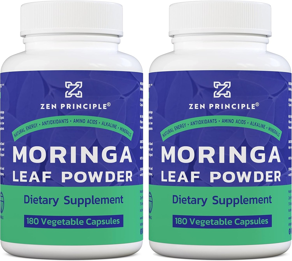 Principio Zen Moringa Orgánica Oleifera. Ultra-Premio. Proporciona un All Natural Energy Boost y Multi-Vitamin. Un Superfood crudo, Vegan, No GMO y Gluten Free. 360 cápsulas.