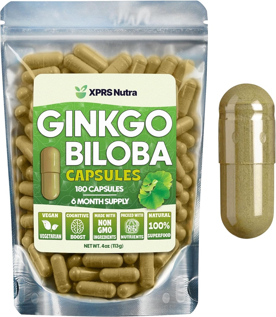 XPRS Nutra Ginkgo Biloba Capsules - Gingko Biloba Encapsulado Suplementos para la Cognición - Vegan Friendly Ginkoba Biloba - Inmunity Boosting Ginkgo Biloba Capsules - 180 Conde