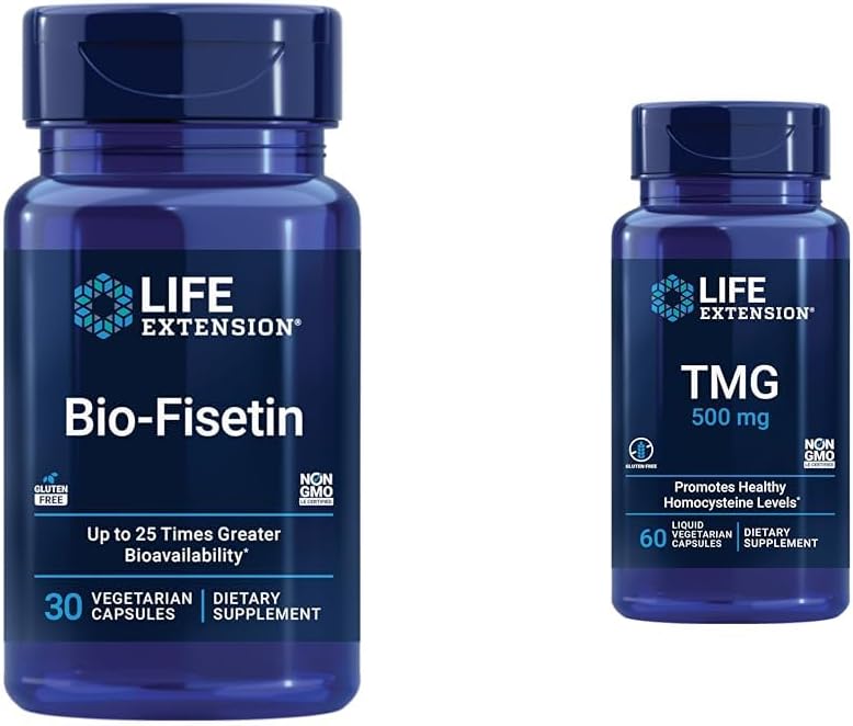 Extensión de la vida Bio-Fisetin Fisetin Galactomannans Fenugreek Seed Cellular Health Cognitive Health Longevity Gluten-Free Vegetarian Non-GMO 30 Capsules y TMG 500mg 60 Liquid Vegetarian Capsules