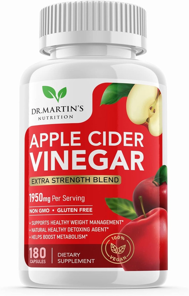 Pure 1950mg Apple Cider Vinegar Suplemento Silencio 180 Capsules ← No Sour Taste Silenciosos para Metabolismo Saludable, Bloating & Energy Silenciosos Detox & Digestion Sostenimiento No Gluten Free TEN 100% Natural & Raw