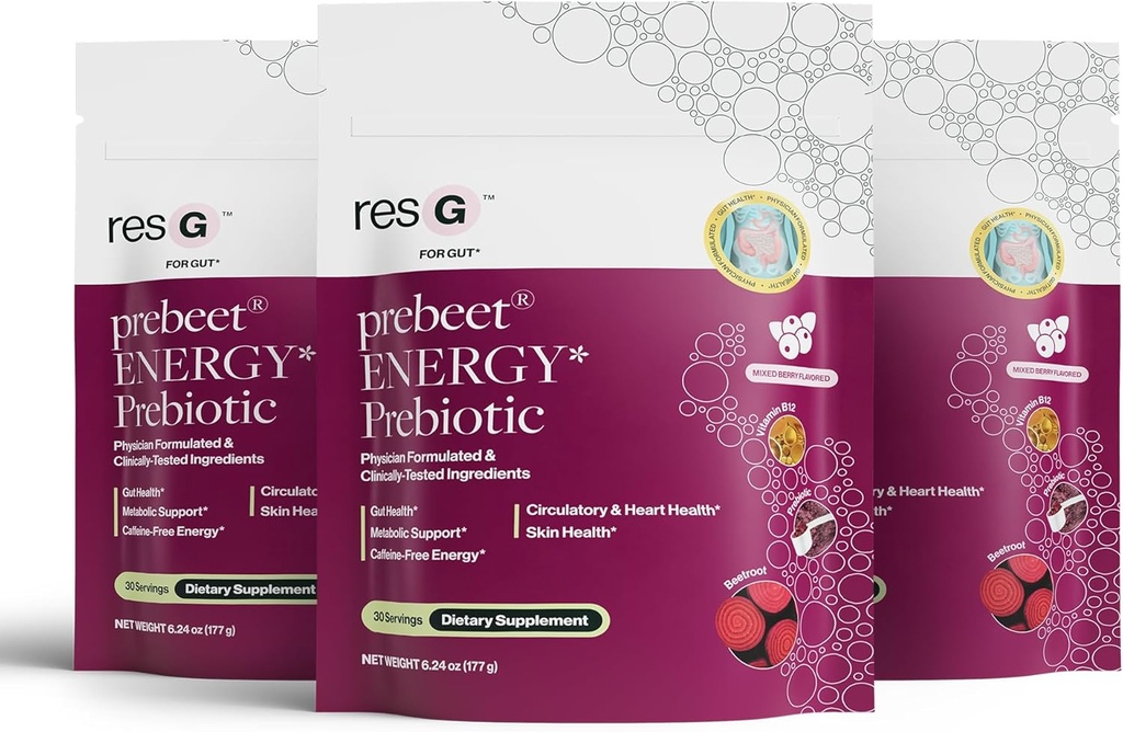 res G prebeet - Prebióticos Bebida para la digestión, estreñimiento ocasional, gas, ruborización con Akkermansia & GLP-1 Soporte w / boquilla & fibra, Gut Health for Women & Men - 560g (90 Servings)
