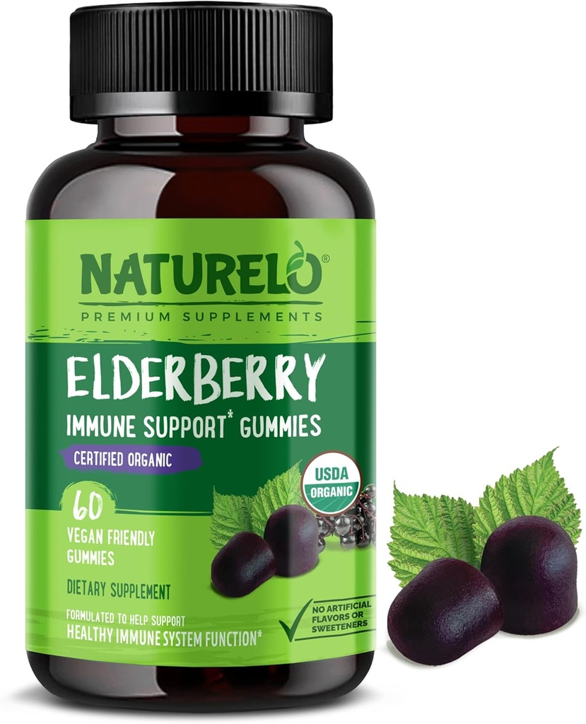 NATURELO Gummies de arándano – Soporte inmunitario con Sambucus Elderberry + Vitamina C + Zinc – Certified Organic, 60ct