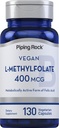 Piping Rock L MethylFolate Suplemento TEN 400 mcg TENED 130 Capsules TEN Vegetarian, Vegan TENIDO Non-GMO, Gluten Free