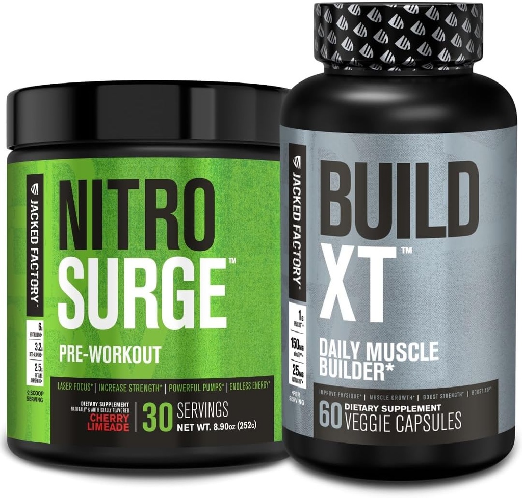 Jacked Factory Nitrosurge Pre-Workout en Cherry Limeade & Build XT Muscle Building Bundle for Men & Women
