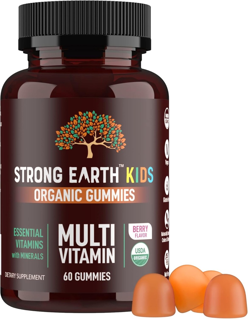 [BRSRMBILAQJQKADF] YUM-V'S Strong Earth Organic Multivitamin Gummies, Vitaminas & Minerales Incluyendo Vitamina A, C, D3, E, B6 & Zinc - Vitamina Chewable con soporte inmunitario para niños y niñas, 60 cuenta