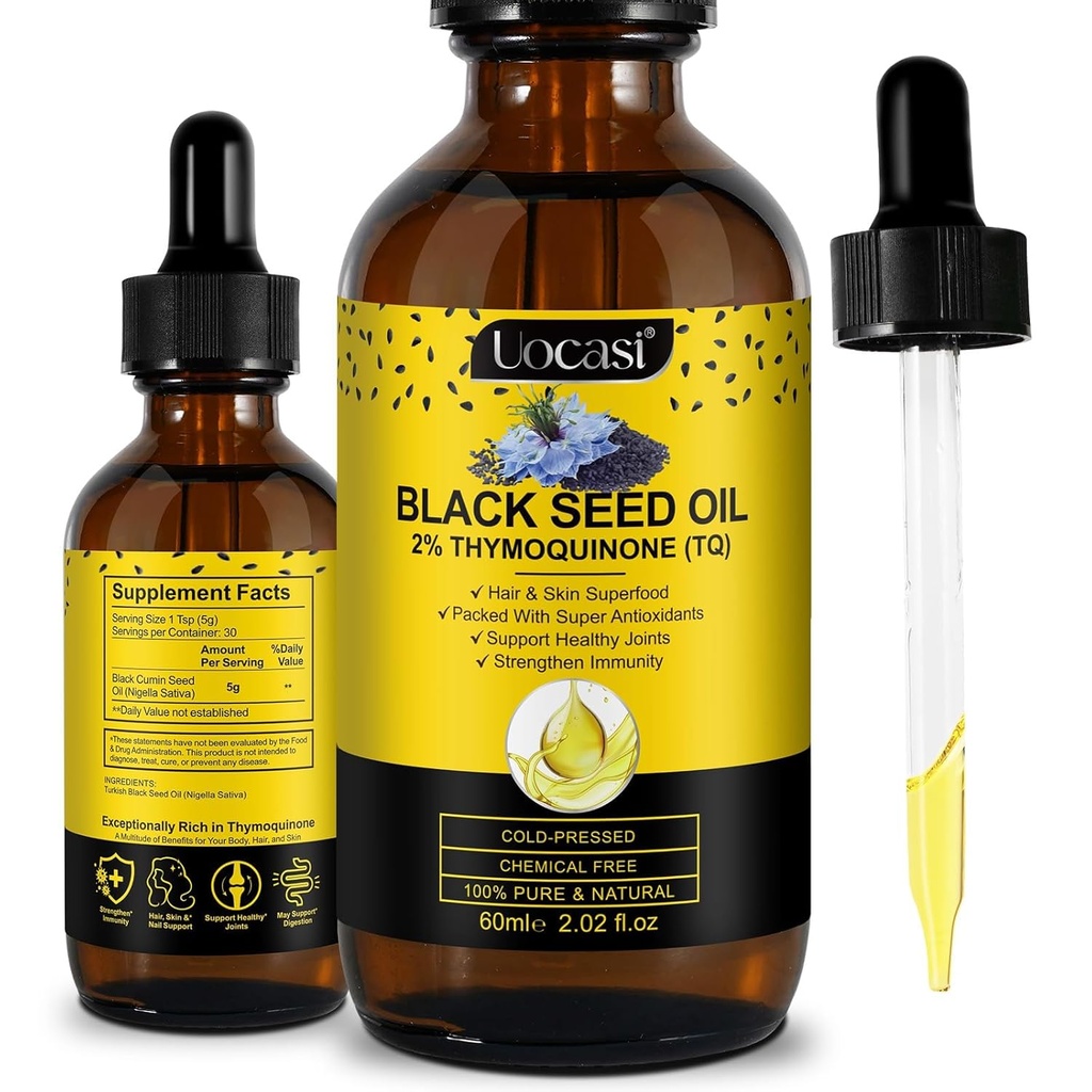Uocasi Black Seed Oil, Cold Pressed, 100% puro & Natural, Hair Growth & Skin Care, 2.02 Fl Oz