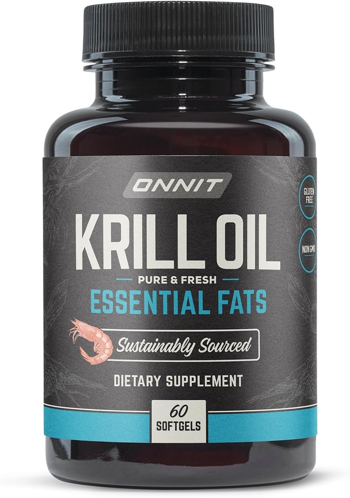 ONNIT Aceite de Krill Antártico Gels blandos, Suplemento dietético con Omega-3, EPA, DHA, Astaxanthin y fosfolípidos para apoyar la salud coginitiva, cardiovascular y conjunta, 1000 mg por ser, 60 conde