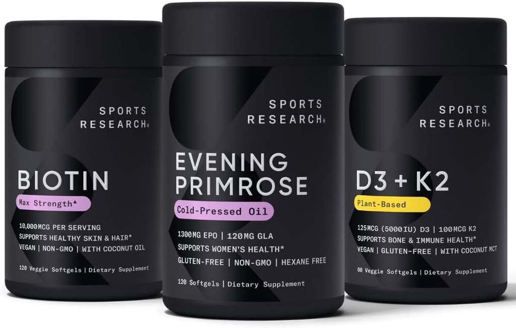 Investigación Deportiva Vegan Biotina 10.000mcg con aceite de coco, Primrose de noche Suplemento de aceite prensado frío y vitamina vegetal K2 MK7 + Vegan D3 5000iu