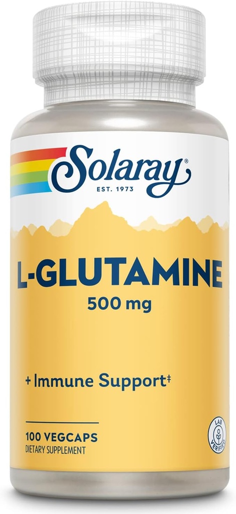 SOLARAY L Glutamine Capsules 500 mg - Suplemento de Apoyo Inmunitario - Free Amino Acid - Lab Verified, 60-Day Money-Back Guarantee - 100 Servings, 100 VegCaps