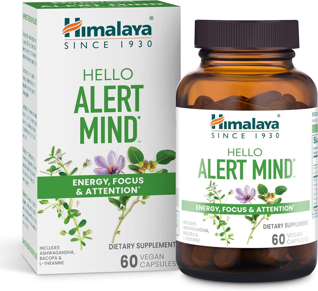 Himalaya Hello Alert Mind with L-Theanine, Ashwagandha, Bacopa, Vitamina B6 & B12, for Energy, Focus & Atención, Vegan, Gluten Free, 60 cápsulas